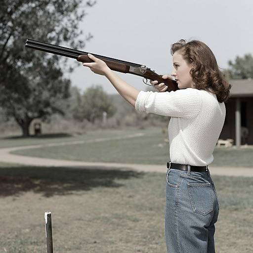Photograph of a woman with brown hair in a white blouse and blue jeans, aiming a vintage rifle outdoors, with a blurred tree and shed in the