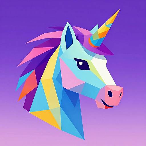 Digital illustration of a vibrant, geometric unicorn head with multicolored facets (blue, pink, purple, yellow) against a purple gradient background.
