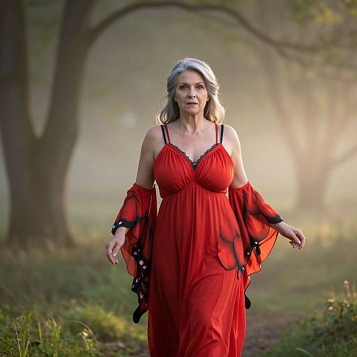 Photograph of a middle-aged woman with gray hair, wearing a red, off-shoulder dress with black polka dots, walking in a mist