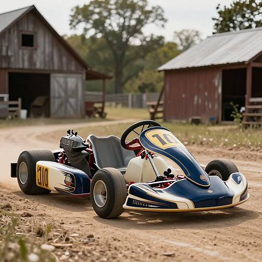 Photograph of a sleek, blue and white go-kart with yellow number 