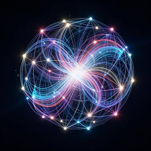 Digital artwork of a glowing, colorful, spiral galaxy with intersecting neon blue, pink, and white lines, surrounded by bright star-like points against a