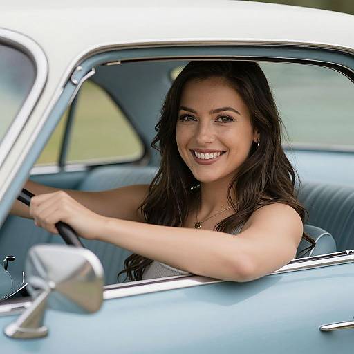 Photograph of a smiling woman with long dark hair, wearing a sleeveless top, driving a vintage light blue car with a white roof.
