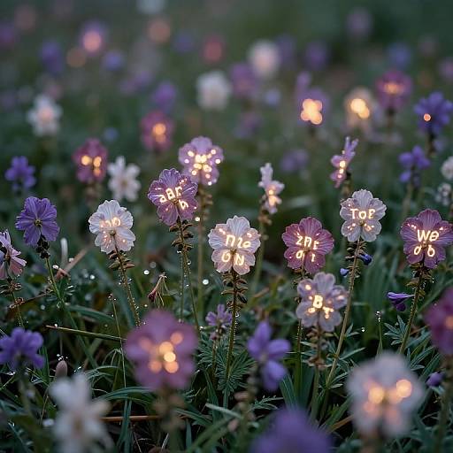 Photograph of a twilight field with glowing, purple and white flowers displaying illuminated messages like 