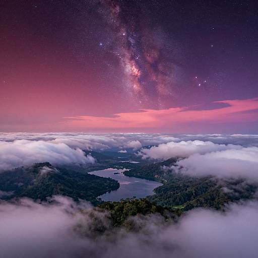 Aerial photograph of a lake surrounded by forest, shrouded in clouds, with a vivid, starry Milky Way above a pink and purple twilight