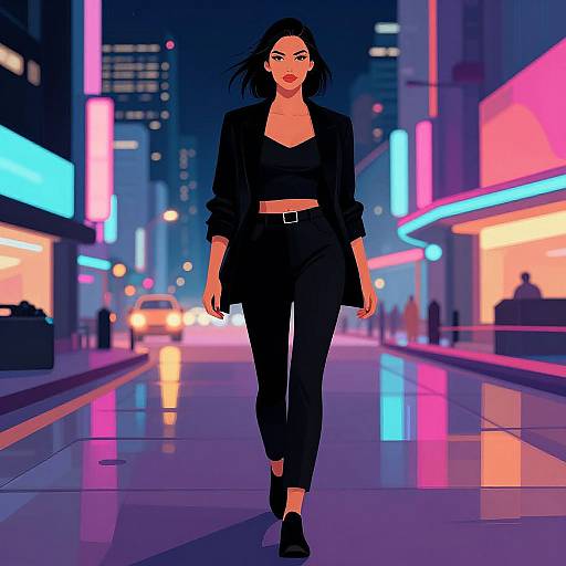 Digital illustration of a confident, dark-haired woman in a black crop top and pants, blazer, and boots, walking a neon-lit city street