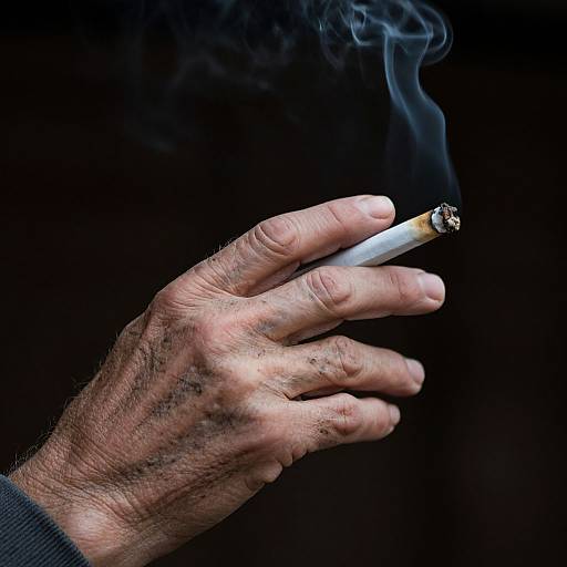 Close-up photograph of a rough, wrinkled, hairy male hand holding a burning cigarette with blue smoke rising against a black background.