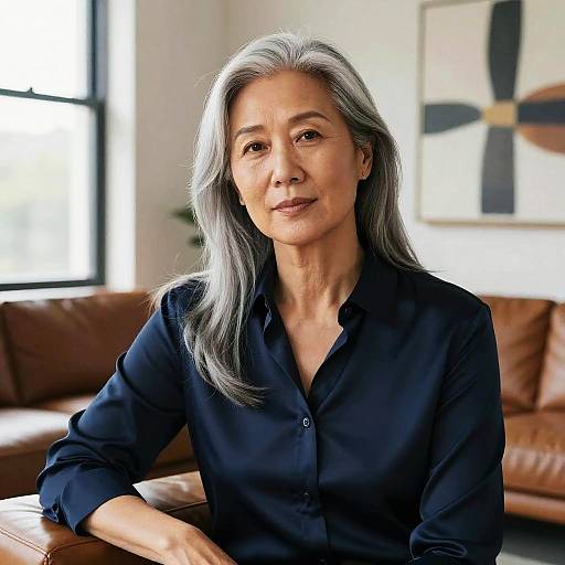 Photograph of an Asian woman with long gray hair, wearing a navy blue button-up shirt, sitting indoors in a modern living room with a leather couch