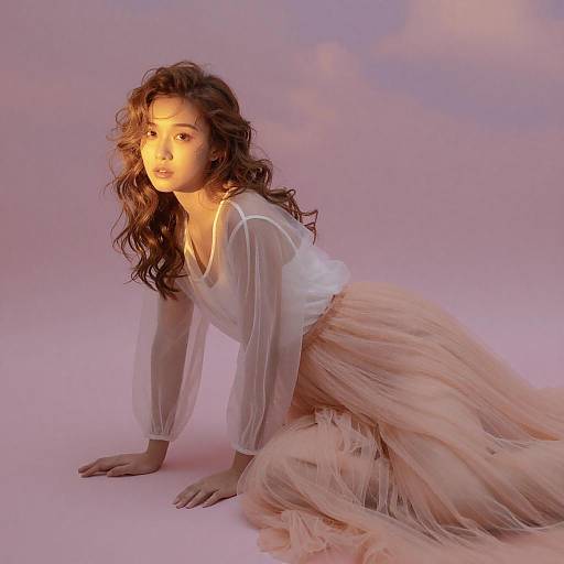 Ethereal Woman in Peach Tulle Skirt