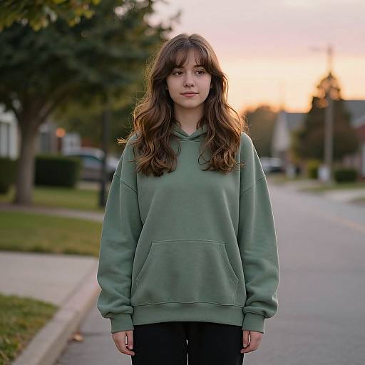 Photograph of a young woman with long brown hair, wearing a green hoodie and black pants, standing on a suburban street at sunset.