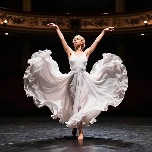 Photograph of a blonde ballerina in a flowing white dress, arms raised, standing barefoot on a dark stage, illuminated by spotlight. Orn