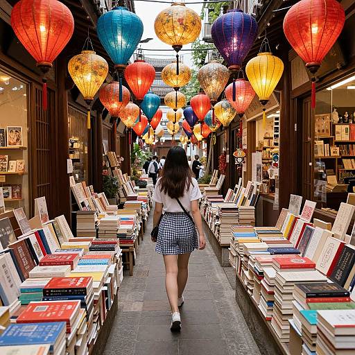 Photograph of a narrow alleyway with colorful paper lanterns hanging overhead, stacks of books on either side, and a woman in a white top and