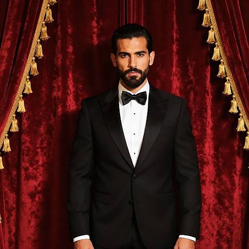 Photograph of a handsome bearded man with dark hair, wearing a black tuxedo, white shirt, and black bow tie, standing in front