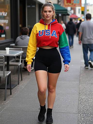 Photograph of a young woman with light brown hair in a ponytail, wearing a colorful USA hoodie, black shorts, and black boots, walking on