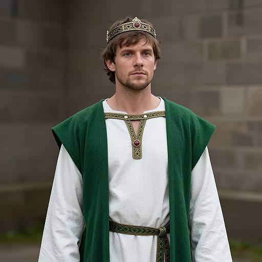Photograph of a young white man with brown hair and beard, wearing a white tunic, green velvet robe, and ornate gold crown, standing
