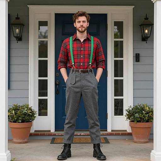Young Man in Home Alone Inspired Costume on Porch