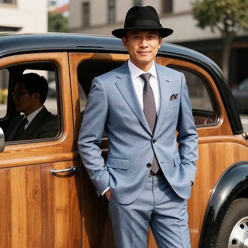 Stylish Man Beside Vintage Car in Urban Setting
