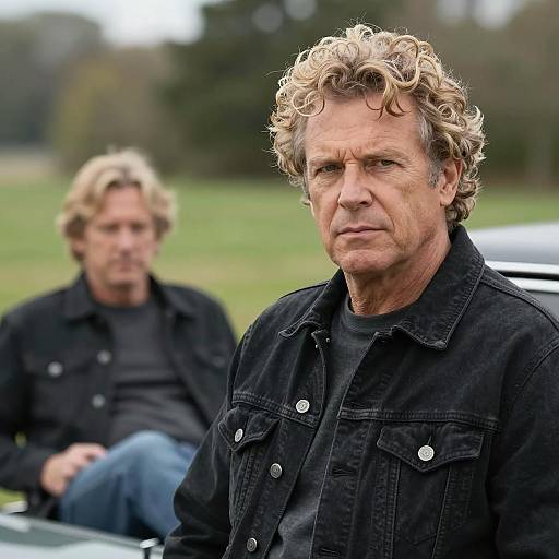 Serious Middle-aged Man in Black Denim Jacket Outdoors