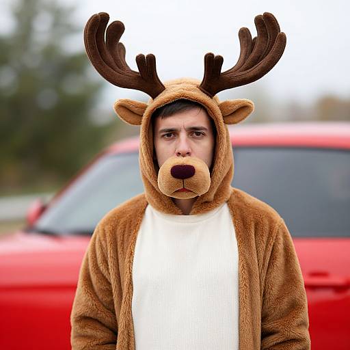 Man in Reindeer Costume by Car