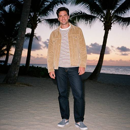 Photograph of a smiling man in a beige suede jacket, white-striped shirt, black pants, and gray sneakers, standing on a sandy beach at sunset