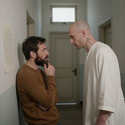 Intense Confrontation in Dilapidated Hallway