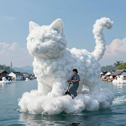 Photograph of a man in blue shirt and pants riding a scooter amidst a large, white smoke cloud shaped like a cat, on a calm lake with