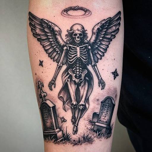 Black and gray tattoo of a skeletal angel with wings, halo, and exposed ribcage, standing between two tombstones, surrounded by stars.