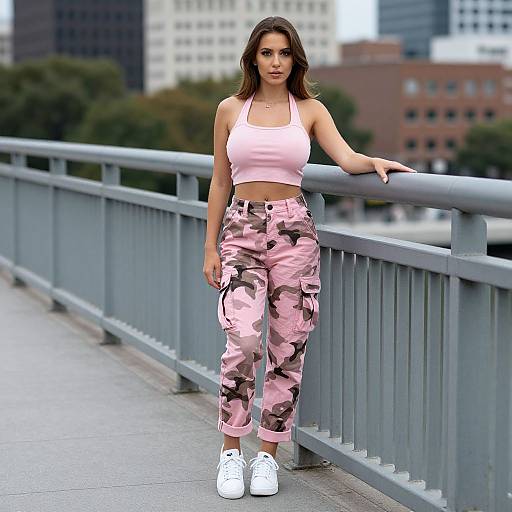 Photograph of a young woman with light skin and long brown hair, wearing a pink crop top, pink camo pants, and white sneakers, leaning