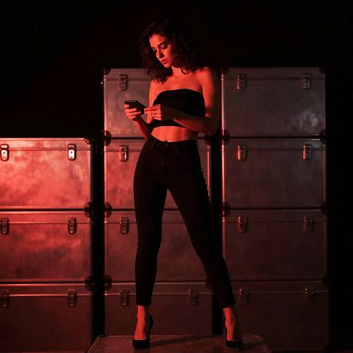 Woman in Red Light on Metal Boxes