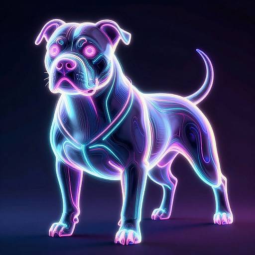 Neon-lit, glowing blue and pink dog sculpture with vibrant, electric outline against a dark background, creating a futuristic, cyberpunk effect.