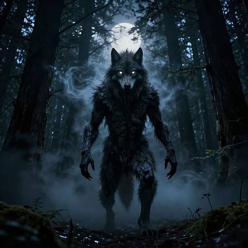 Digital artwork of a glowing-eyed, black-furred werewolf standing in a dark, misty forest, with a full moon shining through the trees.