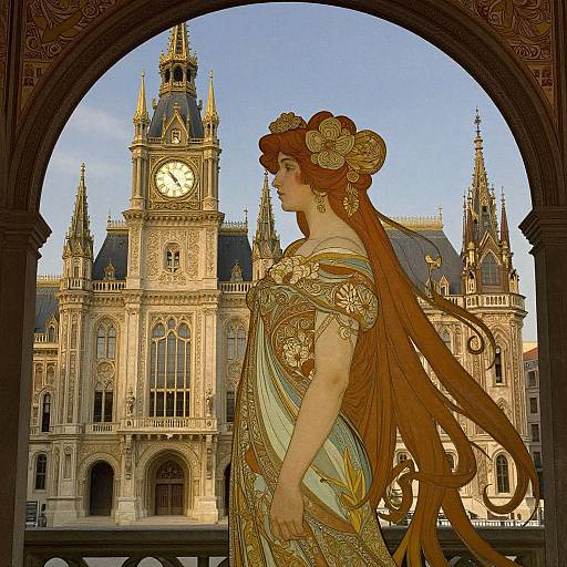Photograph of a statuesque, red-haired woman with golden floral headdress and ornate gold dress, viewed through an archway, standing before a