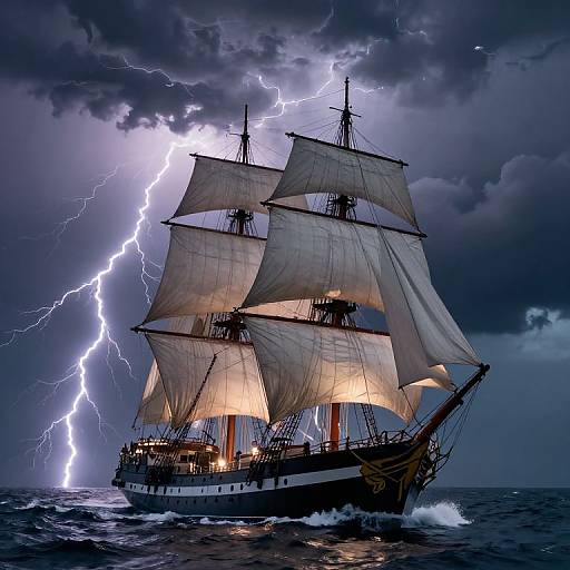 Photograph of a dramatic, stormy seascape with a large, illuminated sailing ship hit by vivid lightning bolts in dark, turbulent waters.