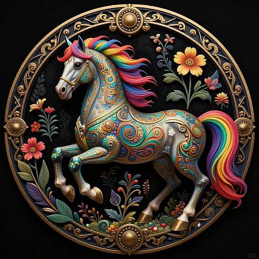 Vibrant, intricately patterned, rainbow-maned horse in ornate gold frame with colorful flowers and foliage on a black background, digital art