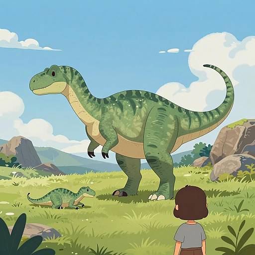 CGI Green Dinosaurs on Grassy Hill with Person