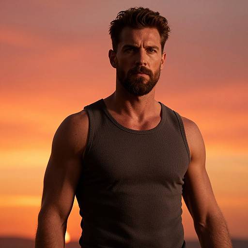 Photograph of a muscular, bearded man with dark hair, wearing a black tank top, against a vibrant orange and pink sunset sky.
