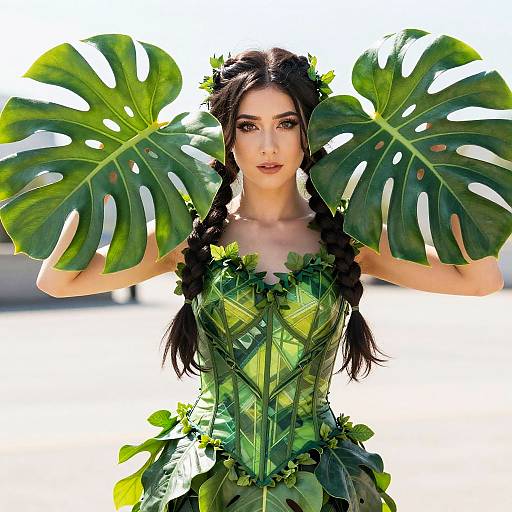 Photograph of a fair-skinned woman with long black braids, wearing a green leafy corset dress, holding large monstera leaves,