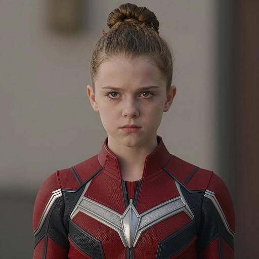 Young Girl in Red and Black Superhero Costume