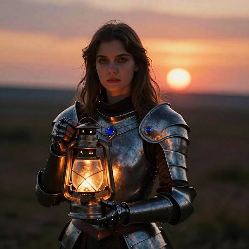 Photograph-style digital artwork of a serious young woman in silver armor holding a glowing lantern at sunset, with an orange and pink sky backdrop.