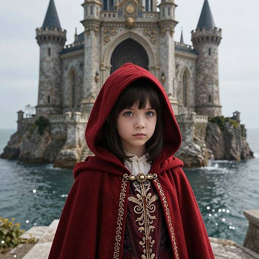 Photorealistic image of a young girl with fair skin and black hair, wearing a red hooded cloak with gold embroidery, standing in front of a