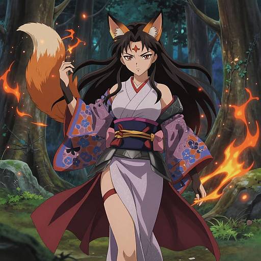 Anime-style digital illustration of a fox-eared woman with long black hair, white kimono, purple floral sleeves, and red accents, conjuring flames