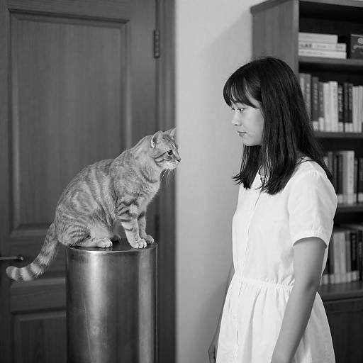 Black-and-White Portrait of Woman and Cat