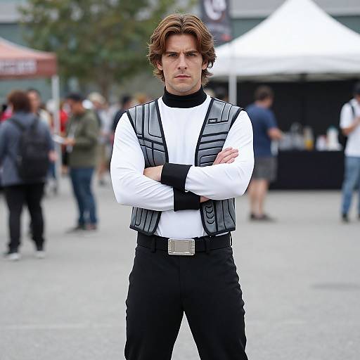 Photograph of a serious, brown-haired man in a white long-sleeve shirt, black vest, black pants, and silver belt, standing with