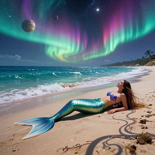 Photograph of a blue-green mermaid with a shimmering tail, lying on a sandy beach under vibrant aurora borealis, with stars, planets