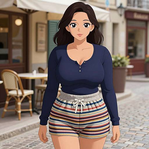 Digital anime-style drawing of a curvy woman with large breasts, dark hair, wearing a navy long-sleeve top and striped shorts, walking on
