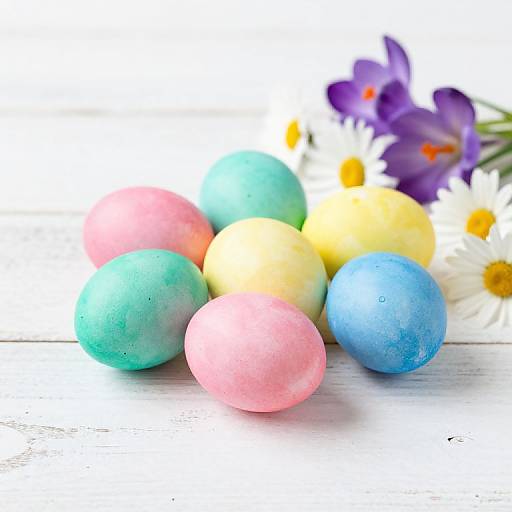 Photograph of colorful, pastel Easter eggs (pink, blue, green, yellow) with water droplets, arranged on white wooden surface, alongside