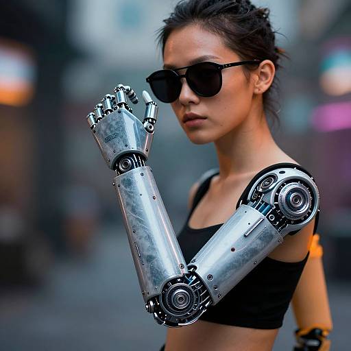 Cyberpunk photograph of a woman with dark hair in a bun, black sunglasses, black sports bra, and metallic robotic arm. Blurred urban background