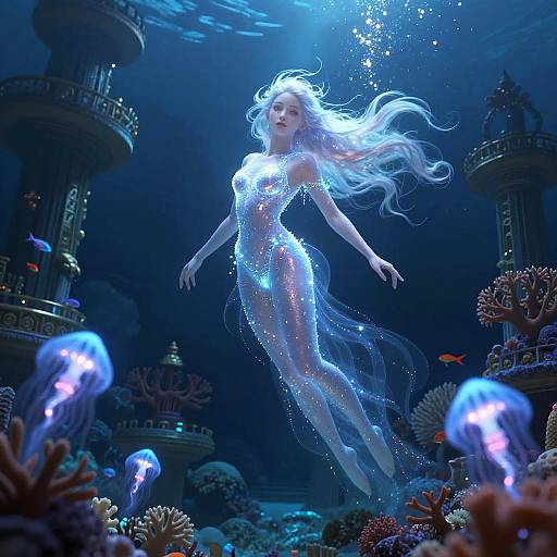 Photorealistic digital art: A glowing, ethereal mermaid with long white hair swims through a vibrant, underwater kingdom with jellyfish, corals