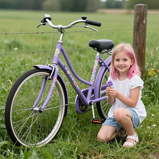 Photograph of a smiling, blonde, pink-haired girl in a white dress and sandals, kneeling beside a purple children's bicycle with floral decals, in