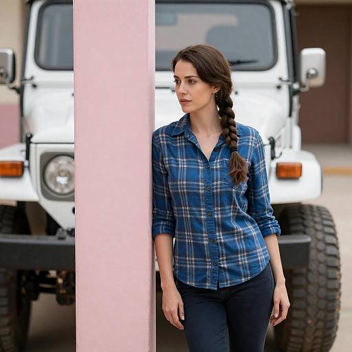 Woman in Blue Plaid Shirt by Vehicle