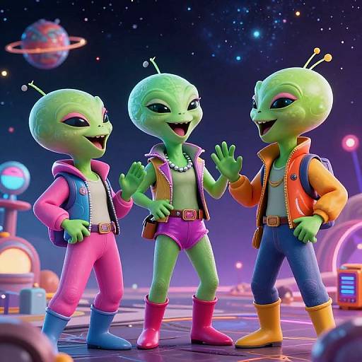 Three cartoon green aliens with antennae, wearing colorful outfits (pink, purple, orange), standing and smiling in a vibrant, futuristic space scene.